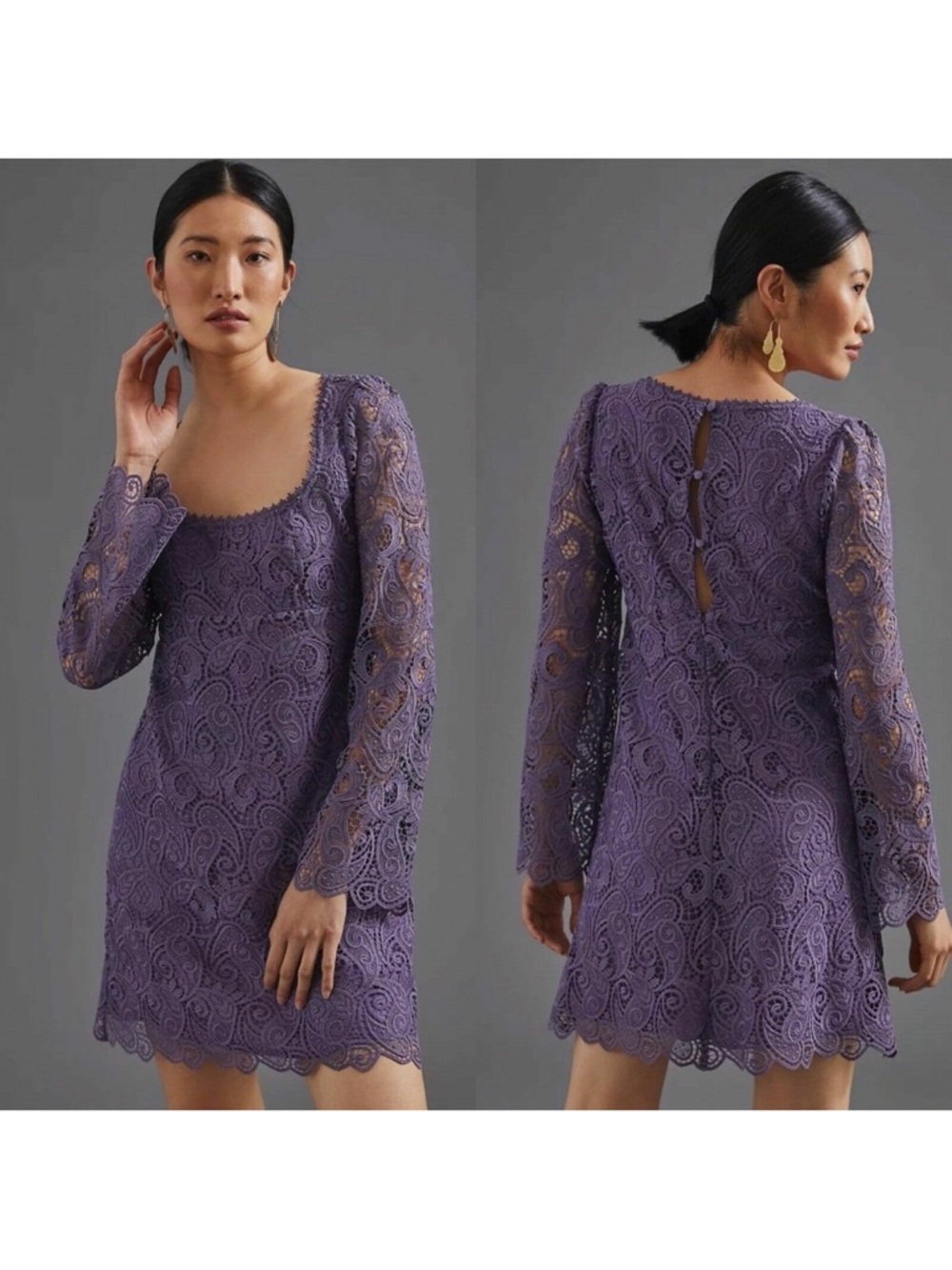 Anthropology Meave  Lavender Embroidered Lace Long-Sleeve Mini Dress Size 10 NWT